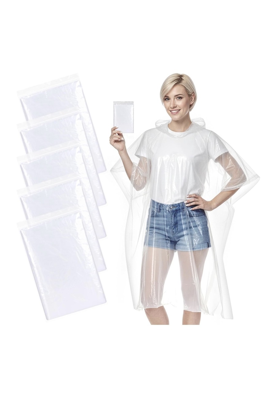 Disposable Rain Ponchos Clear 5 Pack Hooded One Size Fits Most